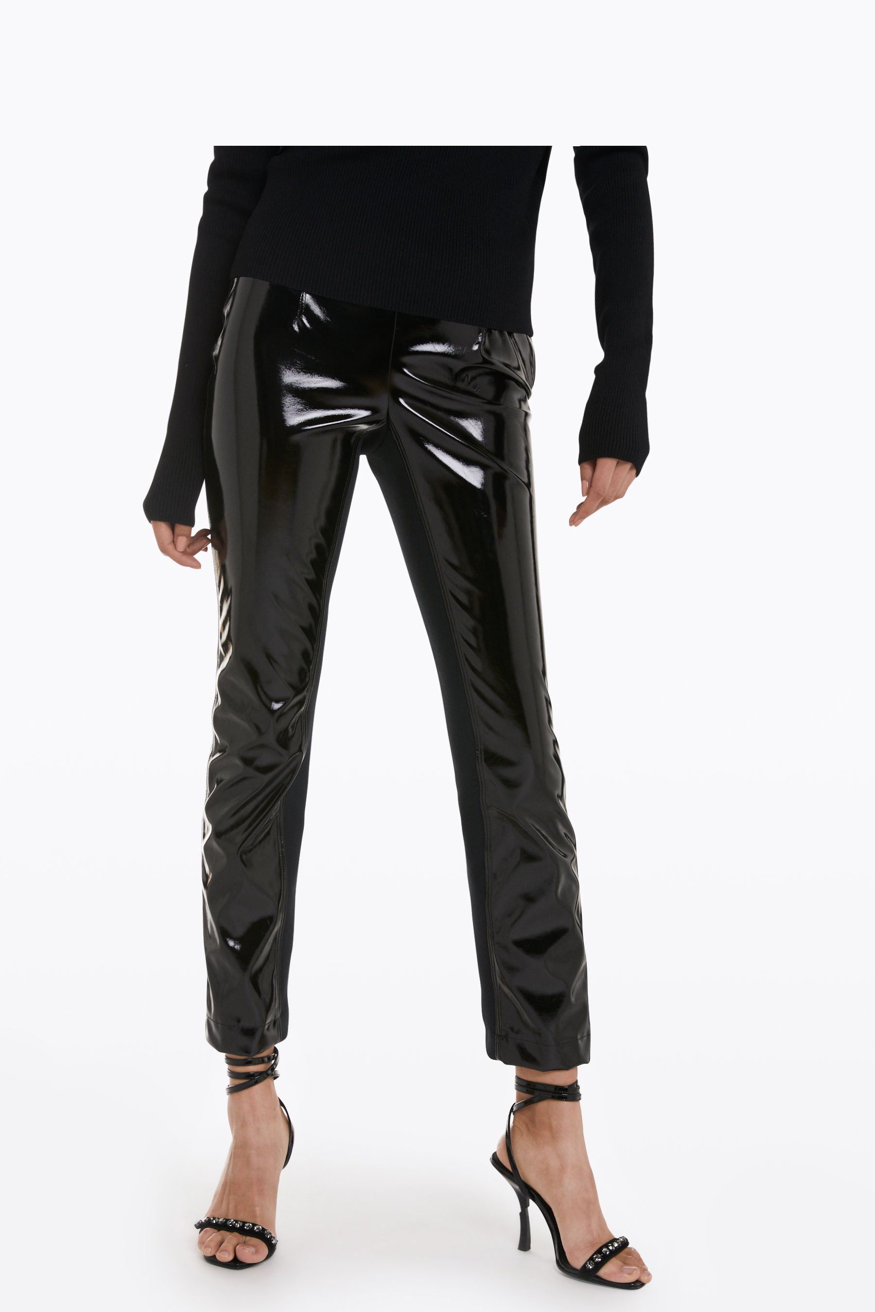 patent black trousers