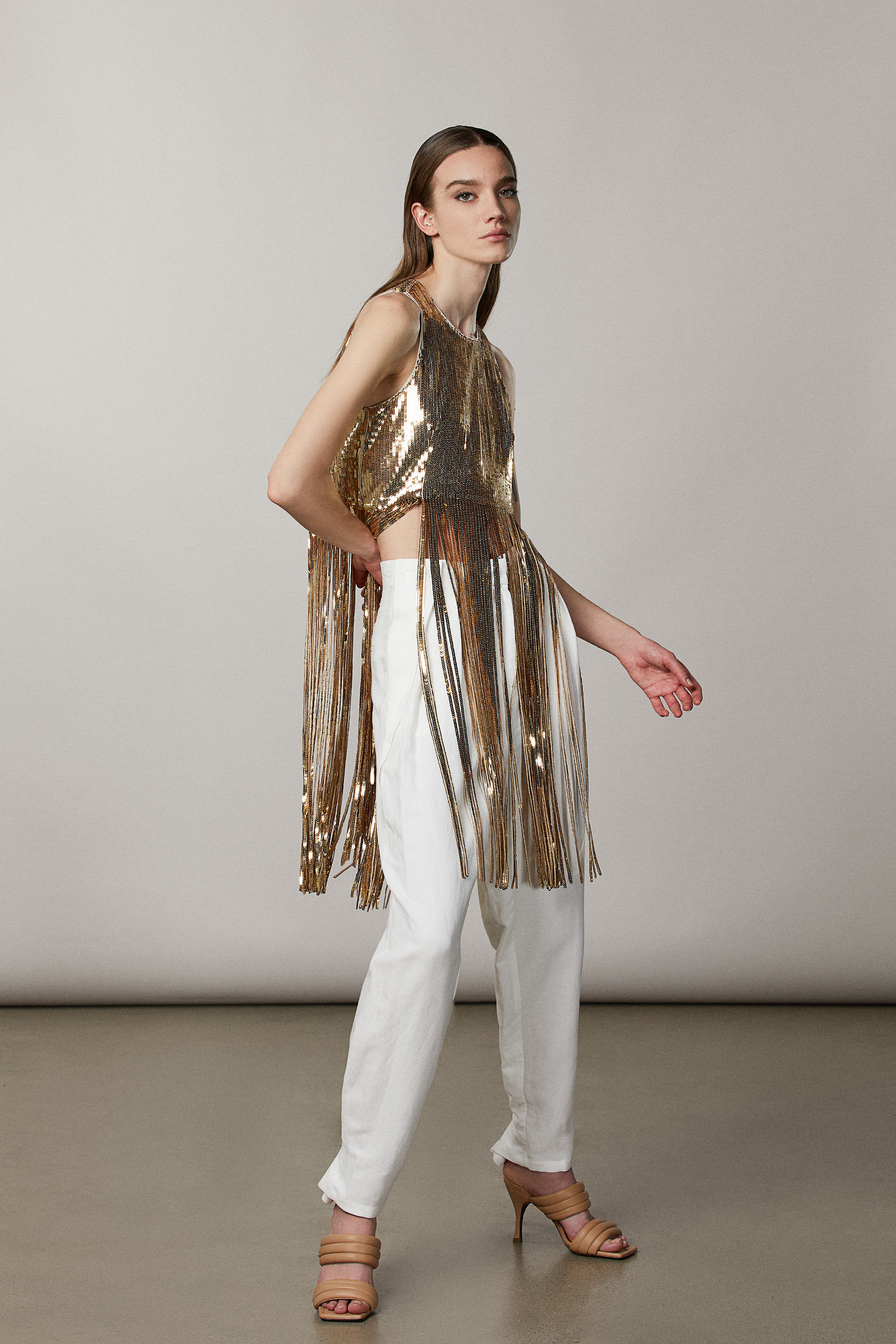 Pantaloni a pieghe in lino e viscosa