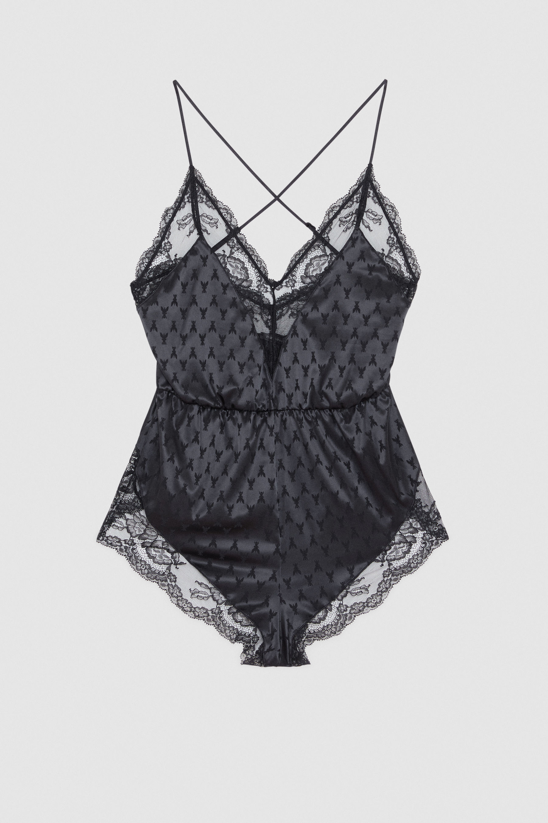 Tuta corta in raso stretch e pizzo