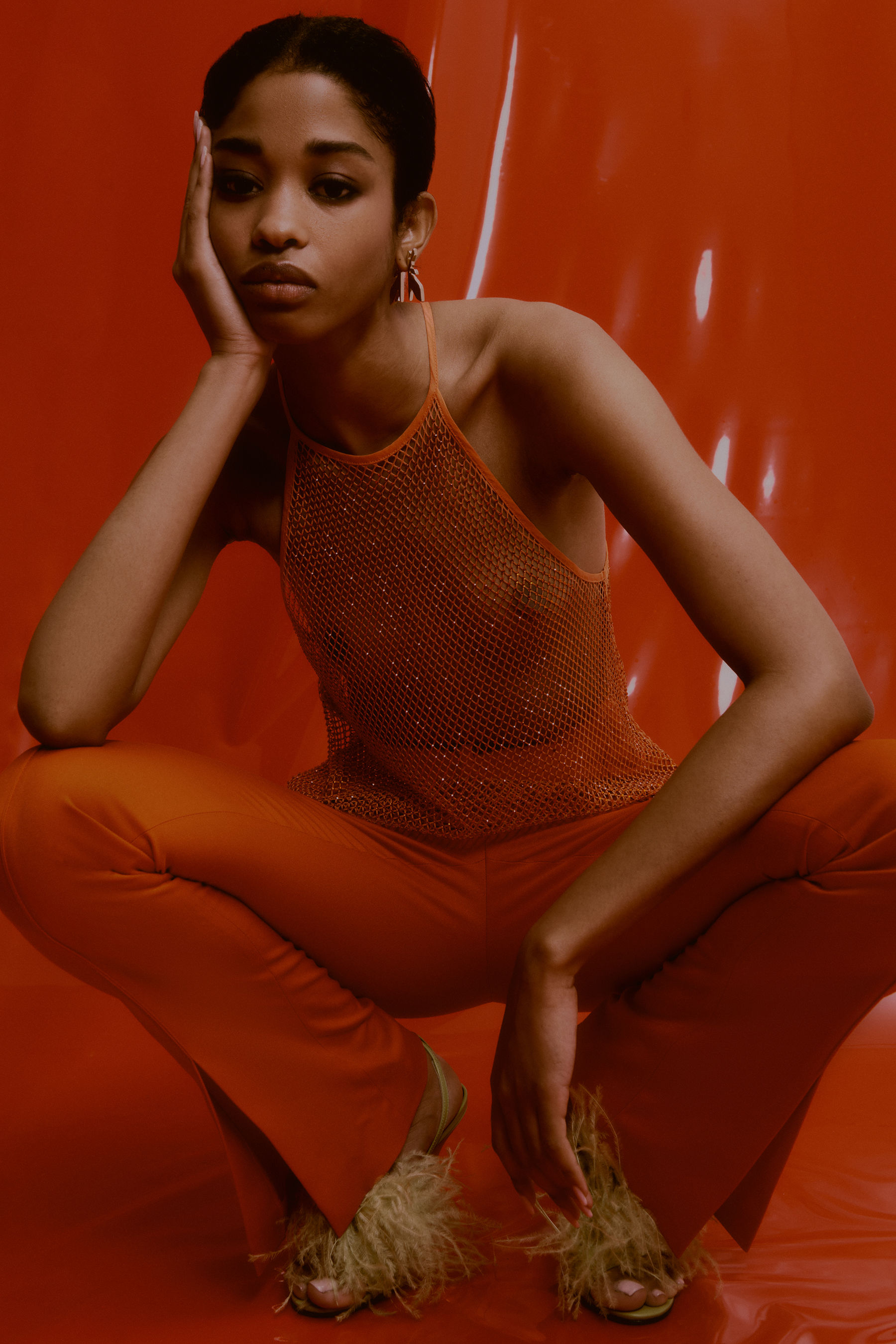 Rhinestone mesh crew-neck top 