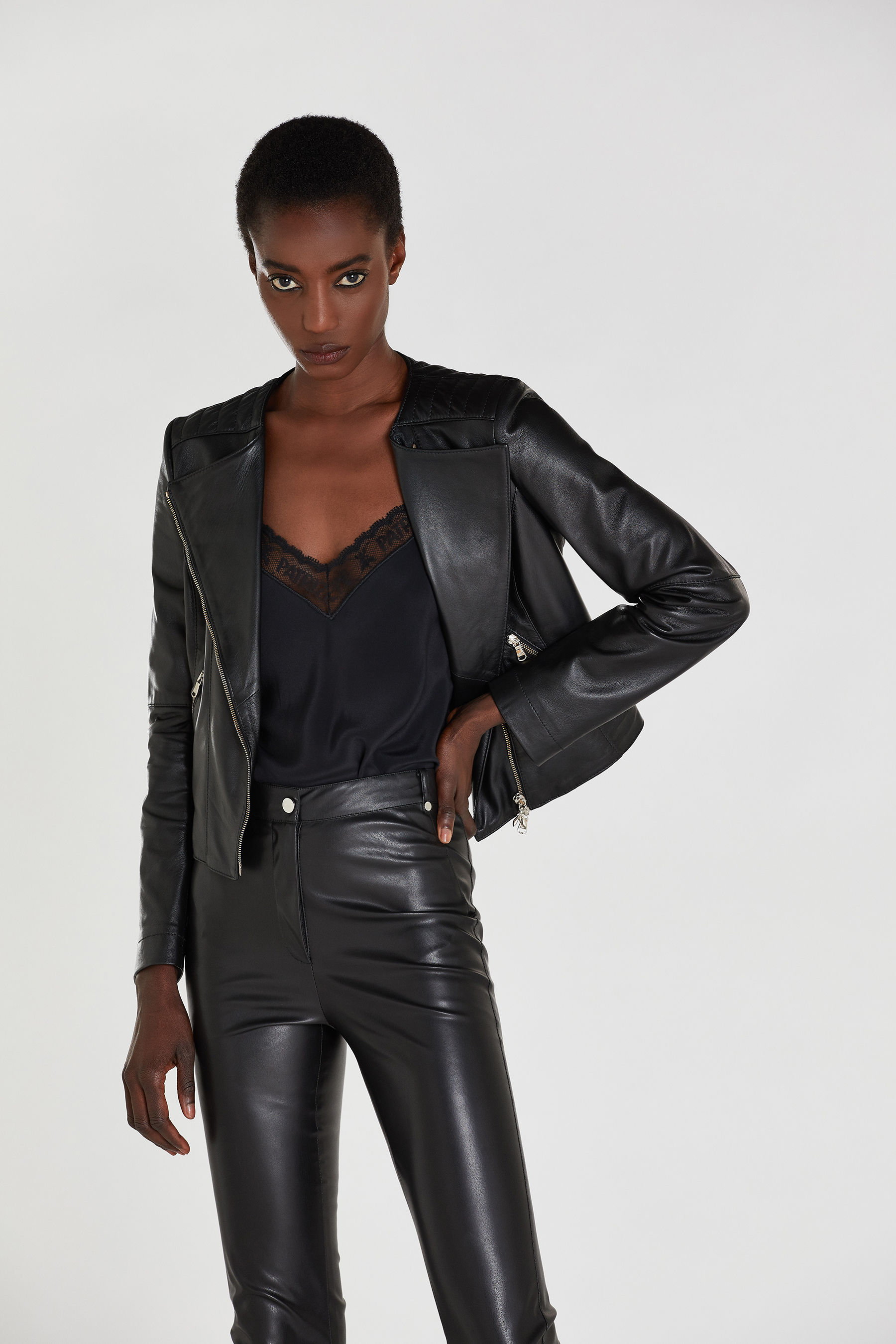 round neck black leather jacket