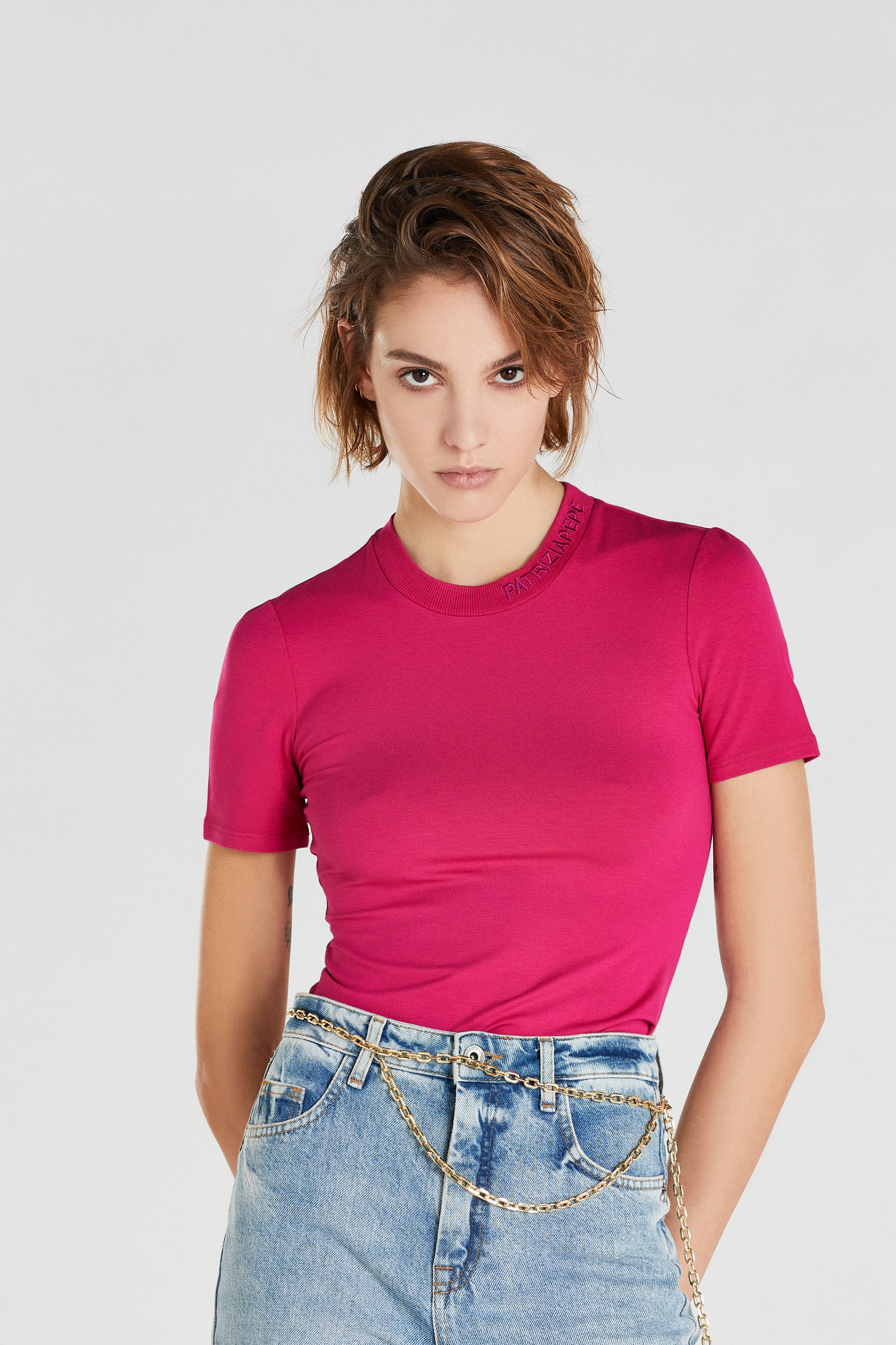 Pink Embroidered-neckline T-shirt | Patrizia Pepe
