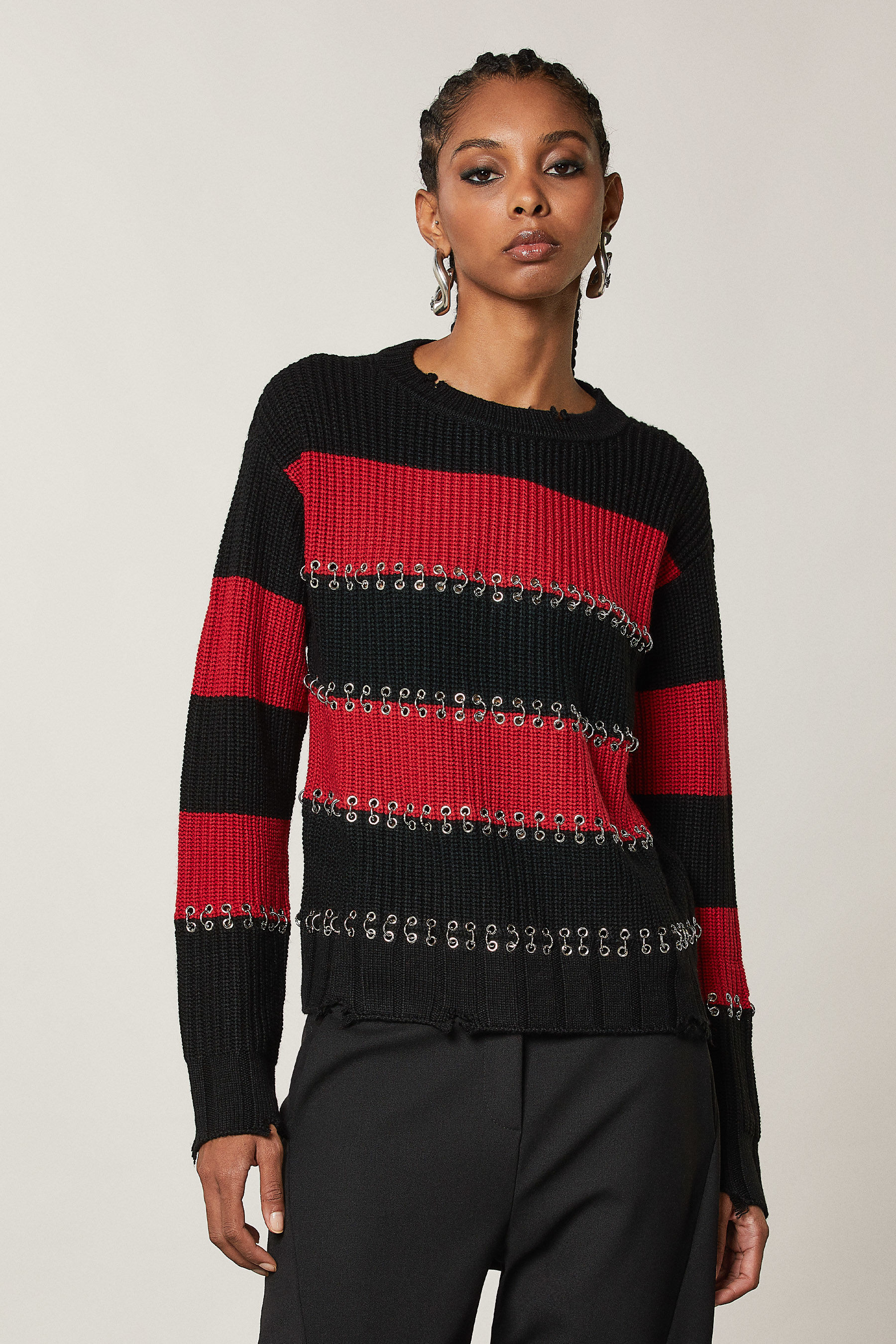 Red/Black striped sweater with piercing | Patrizia Pepe