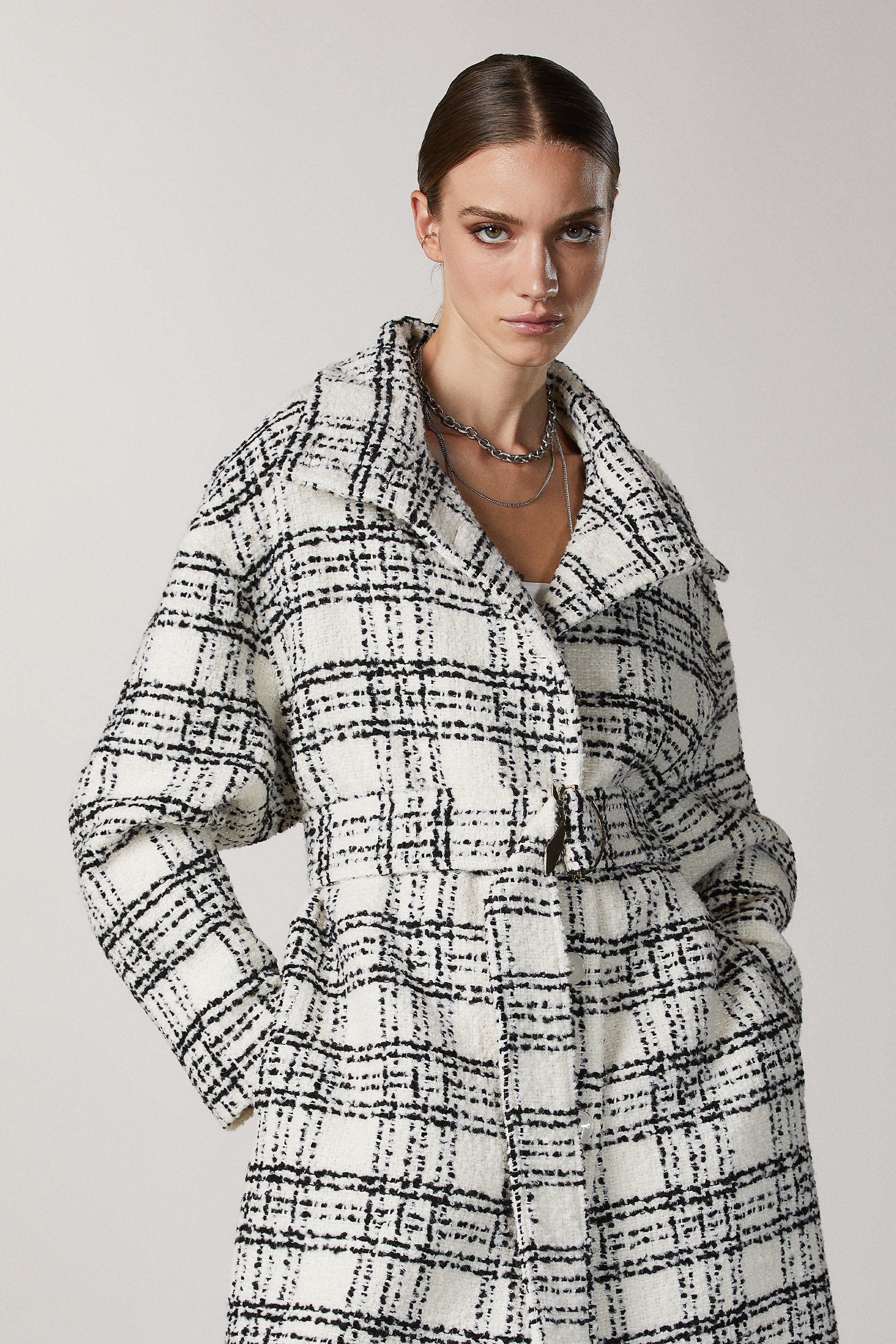 Patrizia Pepe Oversized Coat Check Bianco/Nero Woman Size 40